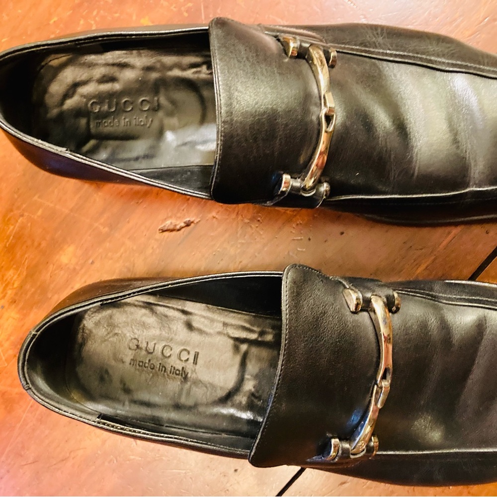 Classic Italian Gucci gloss black leather silver horse bit square toe loafers - Picture 6 of 11